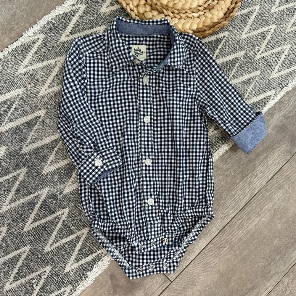 Oshkosh B’Gosh Baby Boy Navy White Gingham Checkered Button-Front Bodysuit